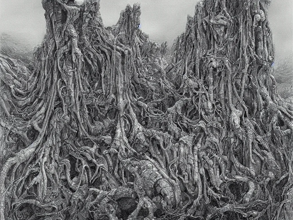 Image similar to landscape by H.R. Giger, Zdzislaw Beksinski, Todd McFarlane