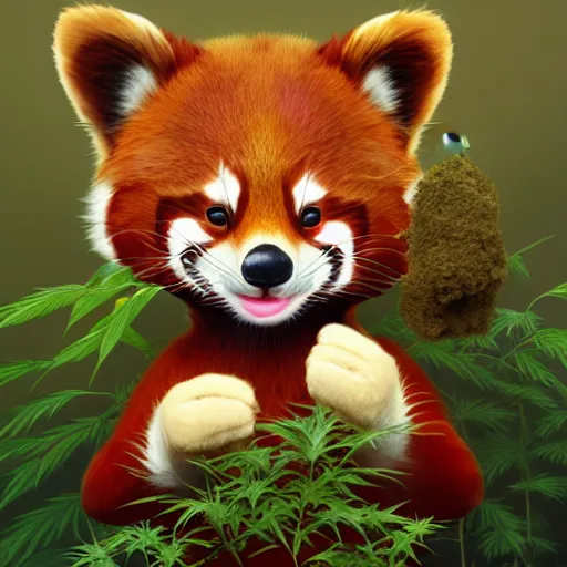 Prompt: anthropomorphic red panda, holding a bag of catnip, smoking a cigar, in front of hemp plants, happy dopey expression, squinting, beautiful lighting, high quality digital art, trending on artstation