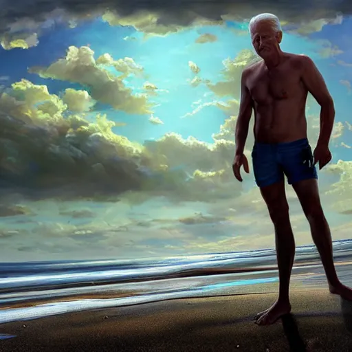 Prompt: hyperrealistic mixed media high resolution painting of a Joe Biden posing on a beach wearing a bikini, body of old man, stunning 3d render inspired art by István Sándorfi and Greg Rutkowski and Unreal Engine, perfect symmetry, dim volumetric lighting, 8k octane beautifully detailed render, post-processing, extremely hyper-detailed, intricate, epic composition, highly detailed attributes, highly detailed atmosphere, cinematic lighting, masterpiece, trending on artstation, very very detailed, masterpiece, stunning, flawless structure, lifelike texture, perfection,