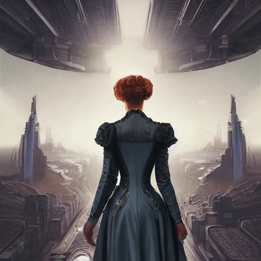 Prompt: portrait of a victorian lady in a futuristic city, from behind, streets, beautiful, sci-fi, open sky, tall buildings, highly detailed, digital painting