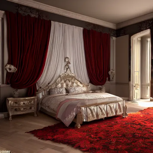 Image similar to rich bedroom, beautiful detail, red velvet bedding, liminal space, high detail, rendered in unreal engine, 3d render, god rays, volumetric lighting, mansion, interior, large windows, vegetation