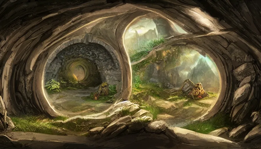 Image similar to concept art of the inside of a hobbit - hole, digital art, trending on artstation