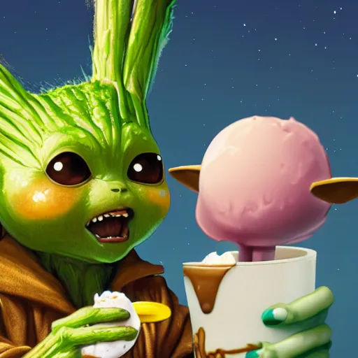 Prompt: Groot and baby Yoda eating an ice cream. In the back we see Pikachu, very detailed and beautiful lighting !highly detalied, 8k, artstation, by Rolf Armstron