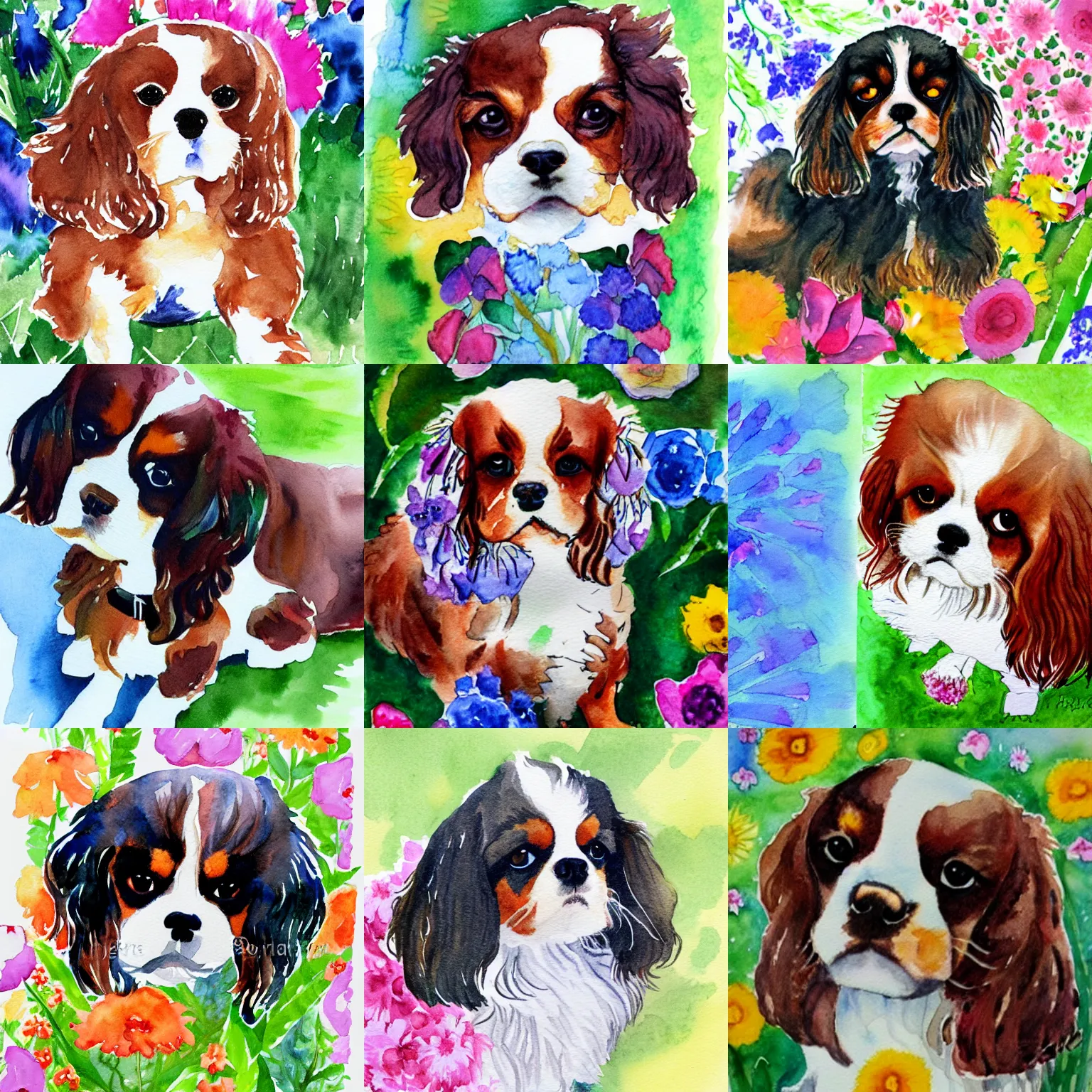 Prompt: fluffy cavalier king charles spaniel, surrounded by flowers, watercolor and pen