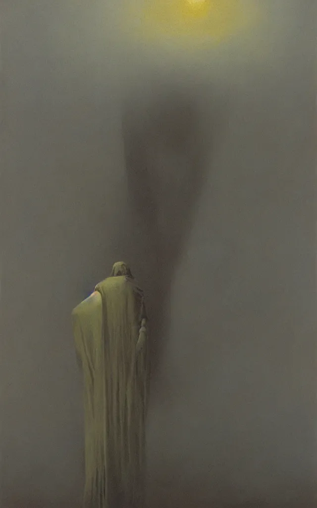 Image similar to iridescent spirit of wrath and fear cruel beautiful spirit with golden eyes lunar mythos ambient fog, award winning oil painting by Zdzisław Beksiński, lunar color palette