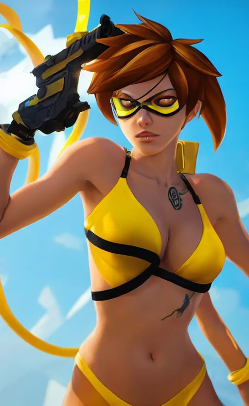 Image similar to tracer game character, in yellow bikini, blonde hair, black eyes, full height