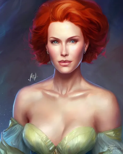 Image similar to a stunning portrait of triss merigold as a princess, short hair, digital art by julie bell and artgerm and ross tran and angel ganev, medium shot portrait, highly detailed, trending on artstationhq