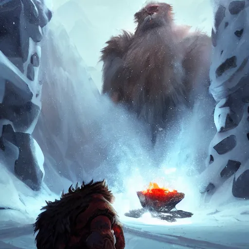 Image similar to ornn with beard the molten god ram of forge with his anvil in the ice world by greg rutkowski