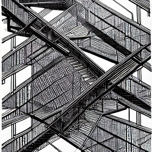 Image similar to optical illusion connected staircases, pen and ink, M.C.Escher, insanely detailed, 4K,