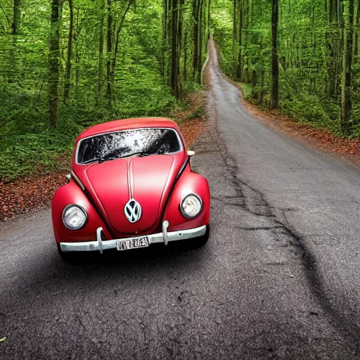 Image similar to promotional scifi - mystery movie scene of a ( volkswagen beatle ) and ladybug hybrid that's more ladybug. racing down a dusty back - road in smokey mountains tennessee. cinematic, 4 k, imax, 7 0 mm, hdr