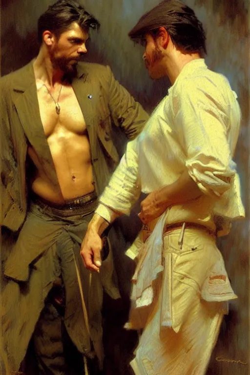 Prompt: 2 attractive men, painting by gaston bussiere, craig mullins, greg rutkowski, alphonse mucha