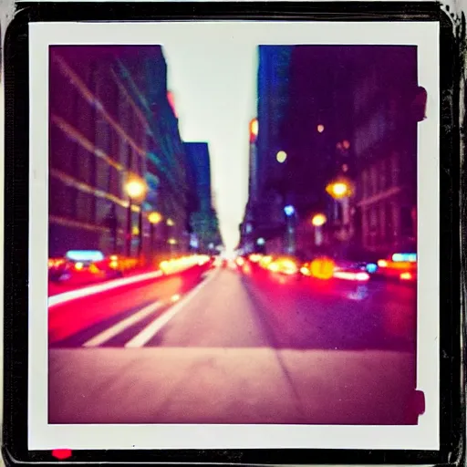 Prompt: colorful instant photograph of the middle of the street at night, polaroid, light leak, raw, nostalgic