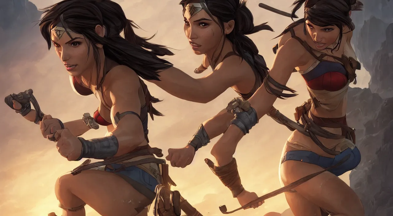 Image similar to A beautiful ultradetailed cartoon of Lara Croft holding hands with Wonder Woman, 4k, Raphael Lacoste, by Rossdraws and Bluesssatan and Mandy Jurgens and Stjepan Sejic, Legend of Korra, Tomb Raider, fanart, trending on artstation, highly detailed, soft lighting 8k resolution, dramatic lighting, unreal engine 5