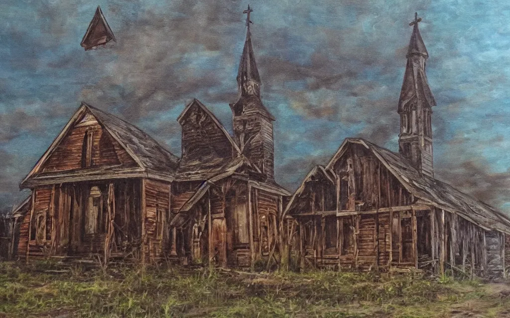 Image similar to an old wooden church rotting away in the bayou, realistic, oil painting, dynamic composition, ultra detailed