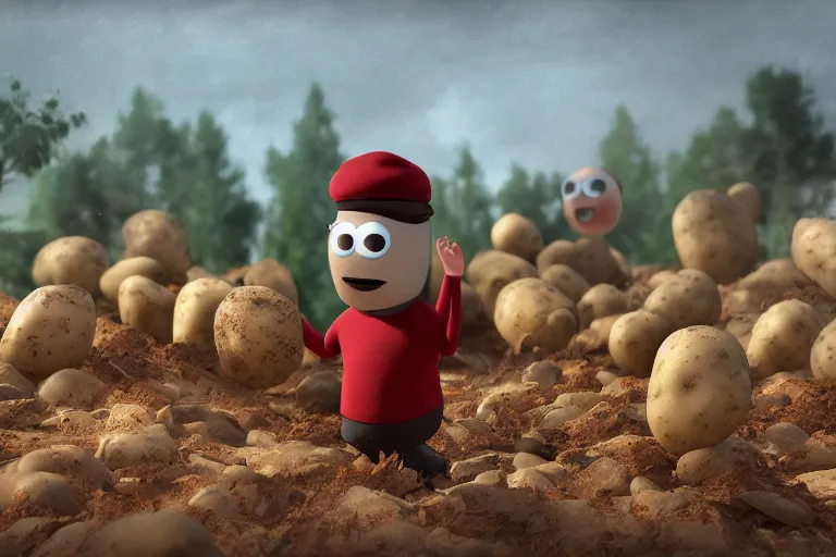 Prompt: the potato king appears before the large crowd of his subjects in all his glory, concept art, blender, googly eyes, realistic dirt.