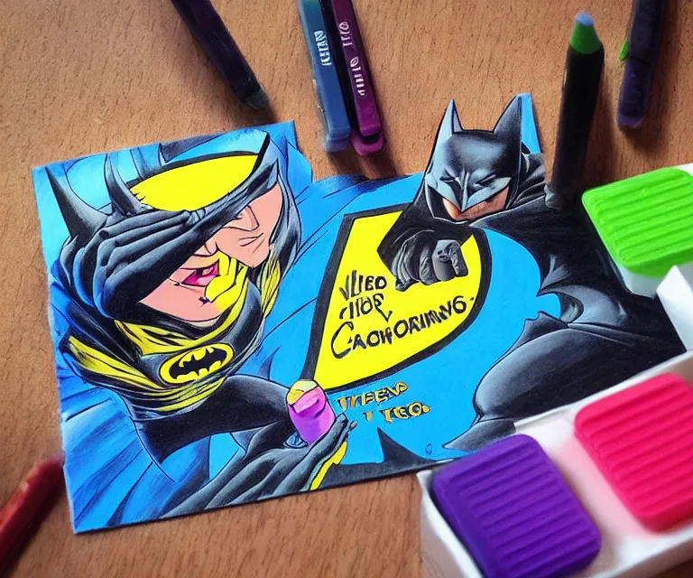 Prompt: “ treacher collins batman eating crayons from the box, photorealistic, hyperrealism, 8 k ”