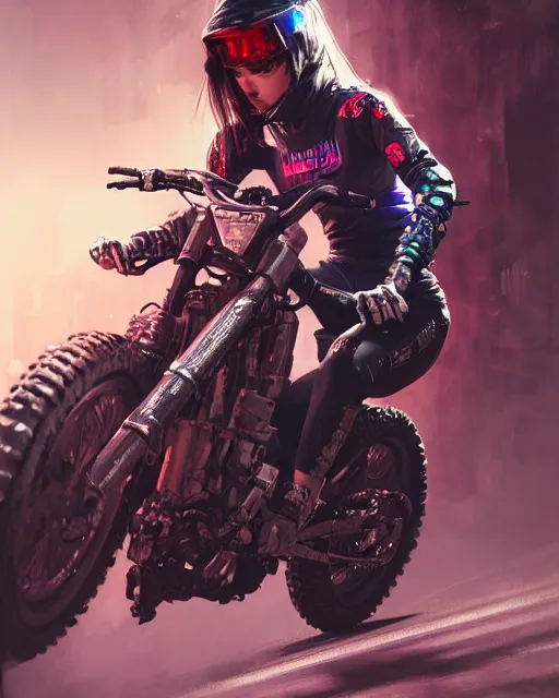 Image similar to cool girl wearing cyberpunk intricate streetwear riding dirt bike, beautiful, detailed portrait, cell shaded, 4 k, concept art, by wlop, ilya kuvshinov, artgerm, krenz cushart, greg rutkowski, pixiv. cinematic dramatic atmosphere, sharp focus, volumetric lighting, cinematic lighting, studio quality