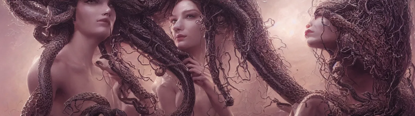 Image similar to beauty woman with snakes for hair, Medusa, detailed face, surrounded by spiders, very detailed, dramatic lighting, electrical details, high details, 4k, 8k, trending on artstation, by Greg Rutkowski, Wayne Barlowe, Hajime Sorayama and Boris Vallejo