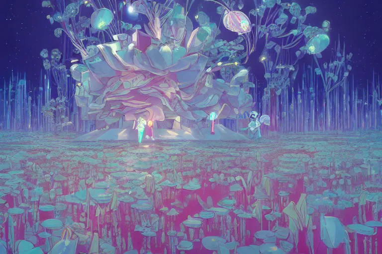 Prompt: A crystal palace , flower, by Mamoru Hosoda and James Jean and beeple, trending on artstation