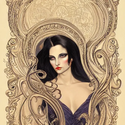 Prompt: frontal portrait of a woman with two pairs of eyes, intricate, elegant, highly detailed, ornate, elegant , luxury in the style of Gerald Brom and art nouveau