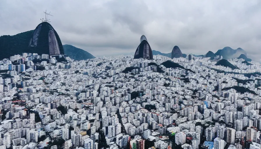 Image similar to the city of rio de janeiro covered in snow, winter photograph, snowing, view from copacabana beach, 4 k, award winning photograph, beautiful, trending on instagram