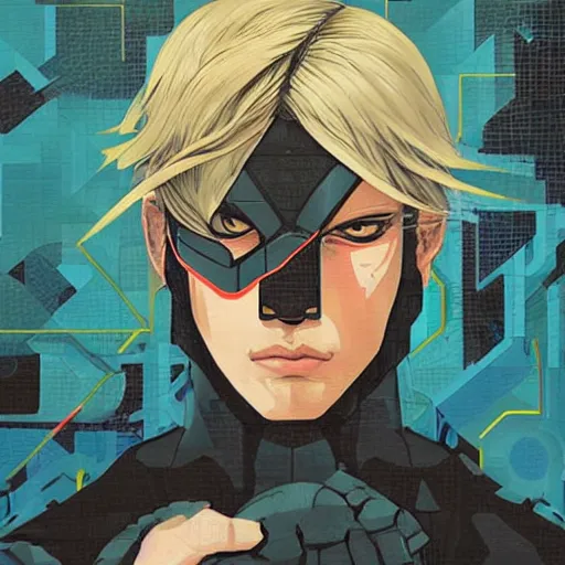 Prompt: Raiden from MGS4 profile picture by Sachin Teng, asymmetrical, Organic Painting , Violent, Dark, Rose Petal Background, Powerful, geometric shapes, hard edges, energetic, graffiti, street art:2 by Sachin Teng:4