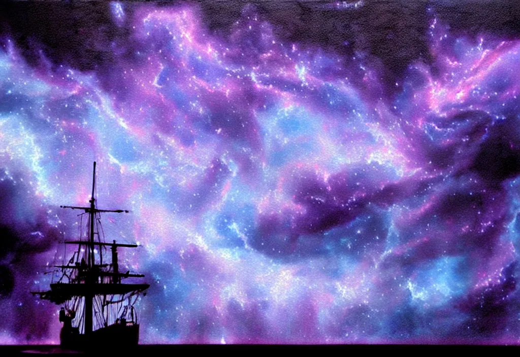 Image similar to purple color lighting storm with stormy sea close up of a pirate ship firing its cannons trippy nebula sky with dramatic clouds painting by banksy