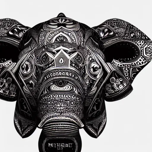 Image similar to futuristic elephant head, symmetrical, futuristic ganesha, intricate black shaman ornaments, black oak patterns, iridescent reflection, robotic ganesha head, mecha - elephant, white backround, graphic design, black white greys and red color, subsurface scattering, cyberpunk, unreal engine, octane render, cgsociety, artstation