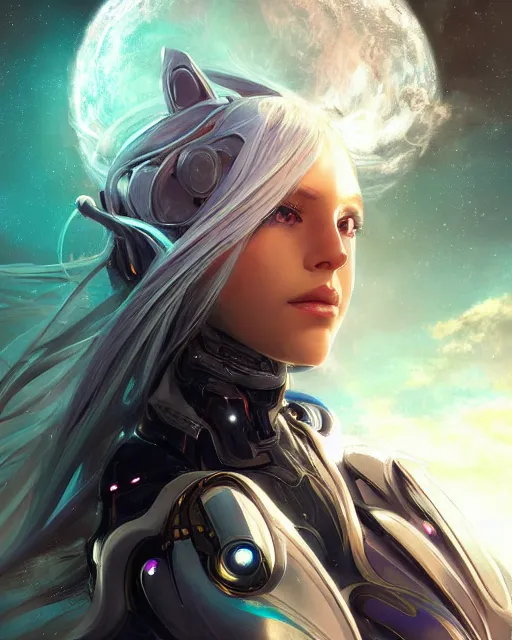 Image similar to beautiful android girl on a mothership, warframe armor, pretty face, scifi, futuristic, galaxy, raytracing, dreamy, perfect, digital painting, long white hair, blue cyborg eyes, sharp focus, intricate, highly detailed, artstation, intricate, innocent, art by gauthier leblanc, kazuya takahashi, huifeng huang
