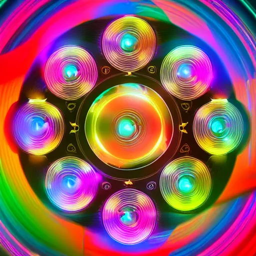 Image similar to a multicolored image of ( ( ( a speaker surrounded by speakers ) ) ), a hologram!!! by barclay shaw, shutterstock contest winner, holography, holographic, ray tracing!!!, psychedelic