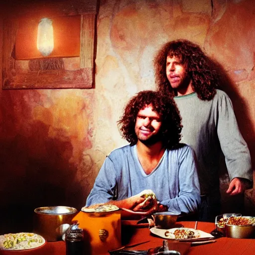 Image similar to Pat Metheny having dinner with Jesus Christ at a Mexican restaurant, highly detailed, high resolution, HD, cinematic