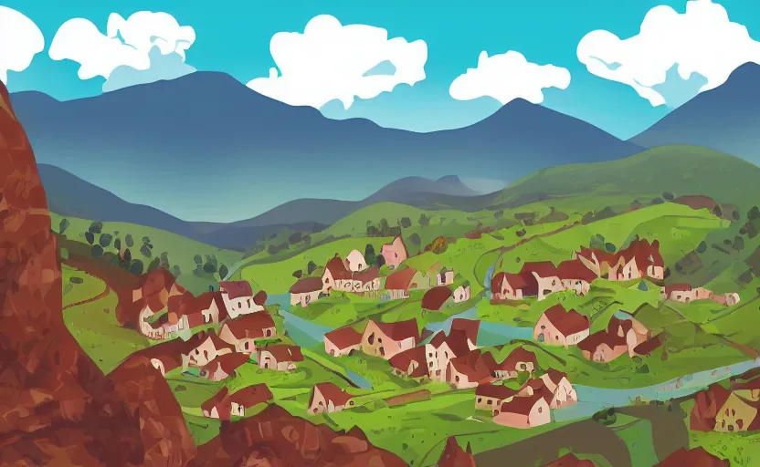 Image similar to a small village in a valley, villagers busy farming, a dragon approaching from a distance, zoomed in, vector, storybook, gouache, flat, sharp edges, concept art, print