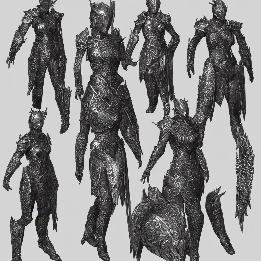 Image similar to concept layout of 3 d rendered full suit of decorative female armor, filigree, lord of the rings, elder scrolls, detailed, art station, unreal engine