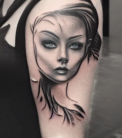 Image similar to tattoo design sketch of a beautiful blue - eyed woman face with a faded background of beautiful mountains and nature on her side, hyper - realistic, in the style of den yakovlev, amazing detail, black and white