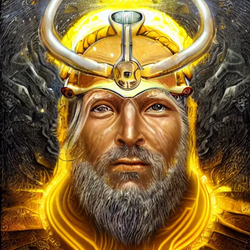 Prompt: mythological odin all father Shaman of artificial intelligence creating an artificial neural network with thunder with yellow synapses on an anvil, high resolution, award winning art, trending on art station, sharp image, incredibly detailed, detailed character realistic painting