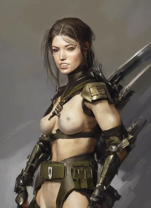 Prompt: a professionally painting of an attractive young female, partially dressed in military armor, olive skin, long dark hair, beautiful bone structure, perfectly proportioned, symmetrical facial features, intricate, elegant, heroic pose, digital painting, concept art, illustration, sketch-like, sharp focus, finely detailed, from Metal Gear, by Ruan Jia and Mandy Jurgens and William-Adolphe Bouguerea