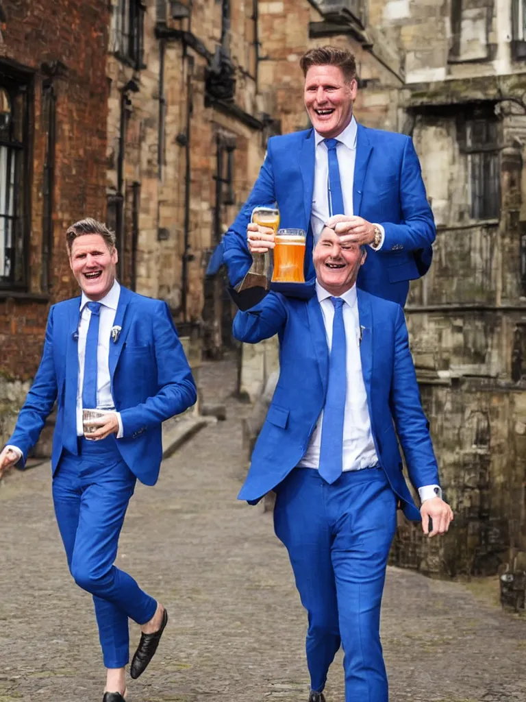 Image similar to Sir Kier Starmer wearing a blue suit laughing and drinking a big pint of lager