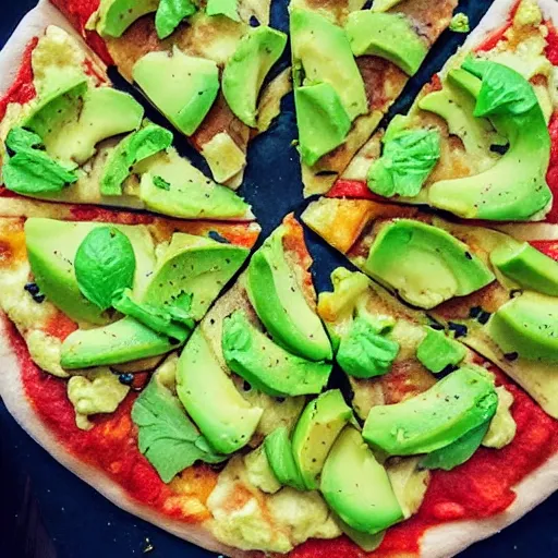 Prompt: the most delicious avocado pizza i have ever eaten