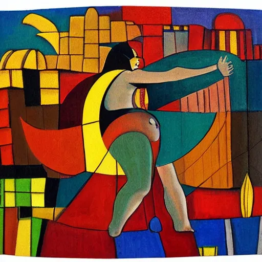 Prompt: fat mayan woman dancing, beautiful sunset, cubism, muted colors, texture