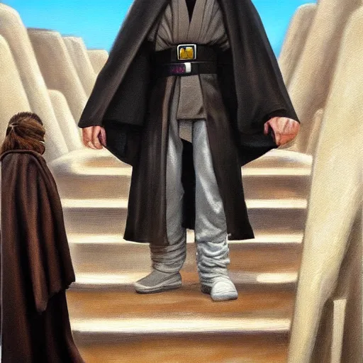 Prompt: anakin at the steps of the jedi temple on coruscant, oil painting, award - winning art, highly detailed