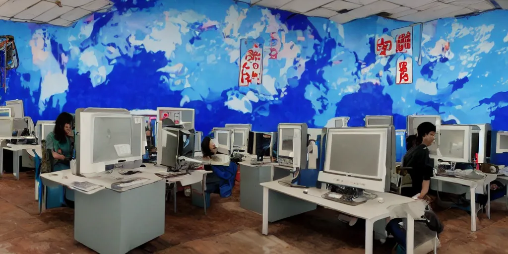 Image similar to a flickr screenshot of an abandoned internet cafe with a blue wall mural, and a japanese sign, with artworks of people playing on computers on the mural