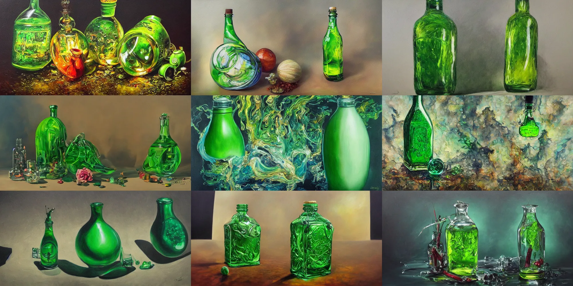 Prompt: breathtaking detailed painting of the magical bottle with green poison liquid in it, oil canvas, attention to detail, award winning, love you to the moon and back, high quality