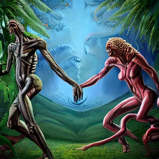 Prompt: aliens as Adam and Eve in the paradise, Artstation