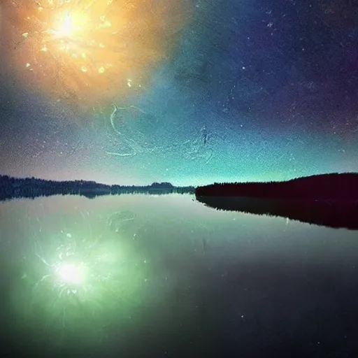 Image similar to lake made of the eternal that is reflecting the cosmos at night with countless stars, superior quality, intricate quality, viscous liquid, surreal, highly detailed, real camera, real photo, award winning quality, 8 k, art by artstation