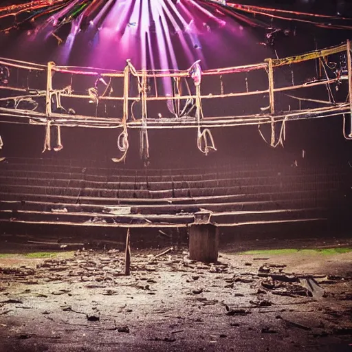 Image similar to abandoned circus, there is one person in the middle of the stage, photograph, 50mm