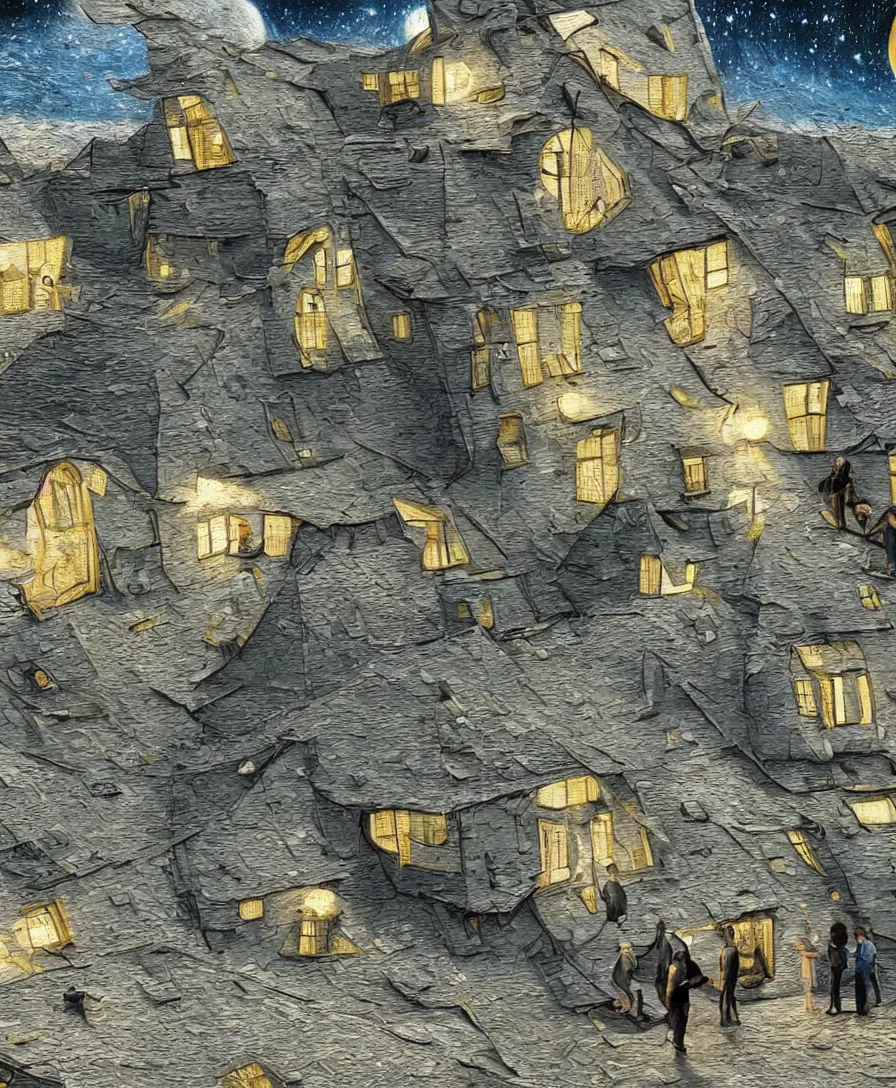 Prompt: realistic hd photo of people living on houses on moon, highly detailed, octane render, van gogh style