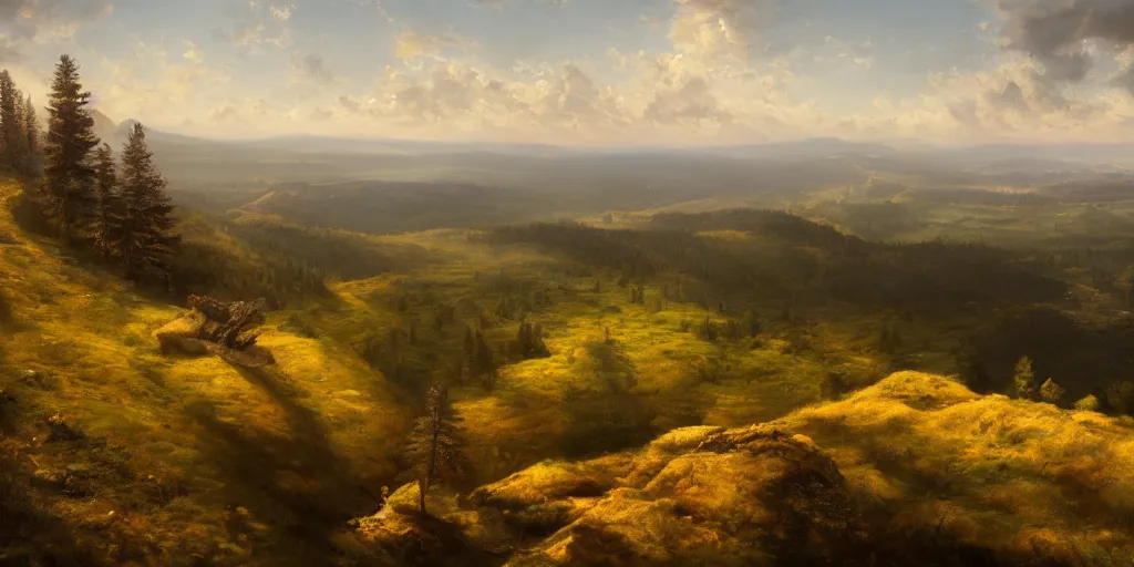 Image similar to a breathtaking landscape from a hilltop, cinematic lighting, detailed oil painting, hyperrealistic, 8k