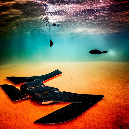 Prompt: dreamlike film photography of a 1880s art nouveau stealth bomber made of wood at night underwater in front of colourful underwater clouds by Kim Keever. In the foreground floats a seasnake. low shutter speed, 35mm