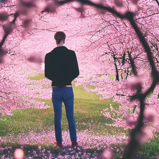 Image similar to kodak portra 4 0 0 photograph of a skinny blonde guy standing in field of cherry blossom trees, back view, flower crown, moody lighting, telephoto, 9 0 s vibe, blurry background, vaporwave colors, faded!,