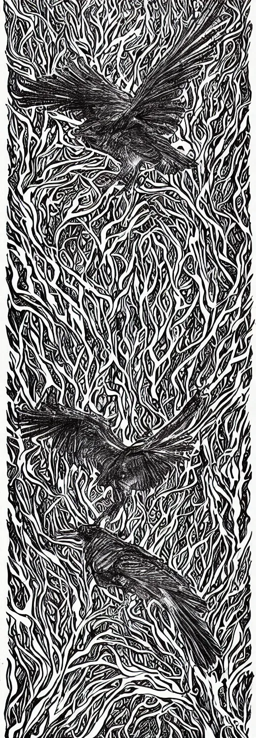 Image similar to psychedelic, monochrome artwork!!, of a single raven and deer combined, in front of an owl that is a window into the ocean, by didier comes, graphic novel art,